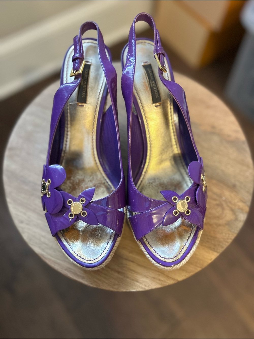 Louis Vuitton Purple Patent Leather Floral Slingback Wedge Sandals